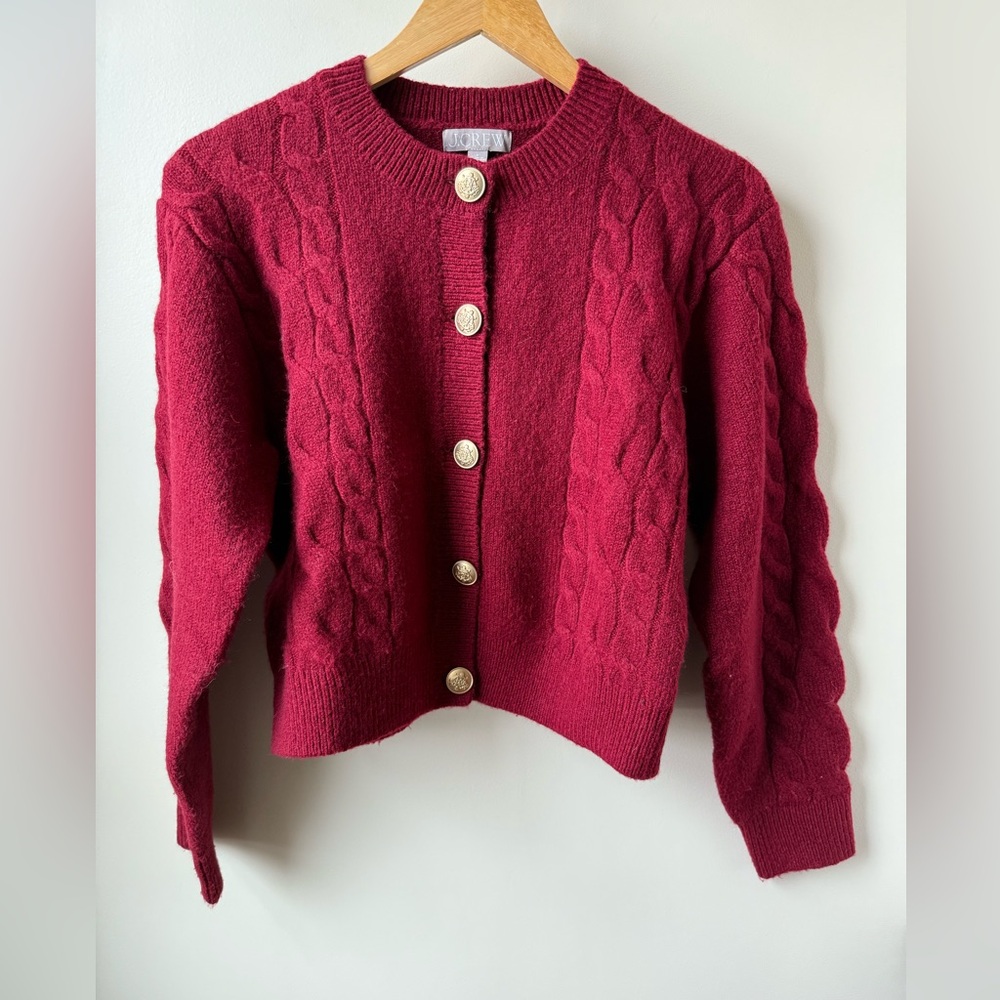 J CREW‎ Cable Knit Cardigan Sweater Burgundy Chunky Wool Alpaca Boxy Cozy Soft S